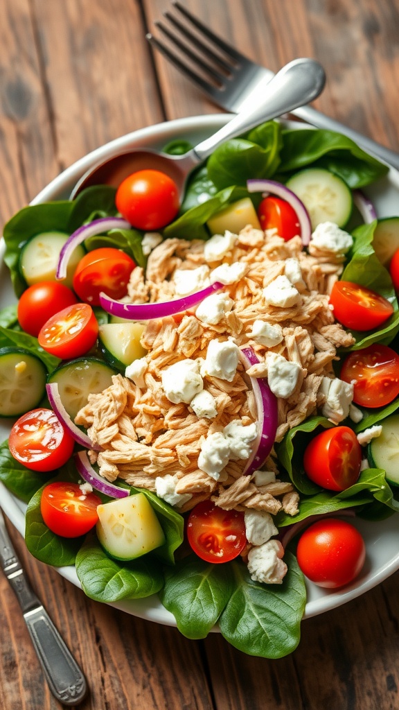 A colorful spinach salad with chicken, tomatoes, cucumber, and red onion, drizzled with vinaigrette on a rustic table.